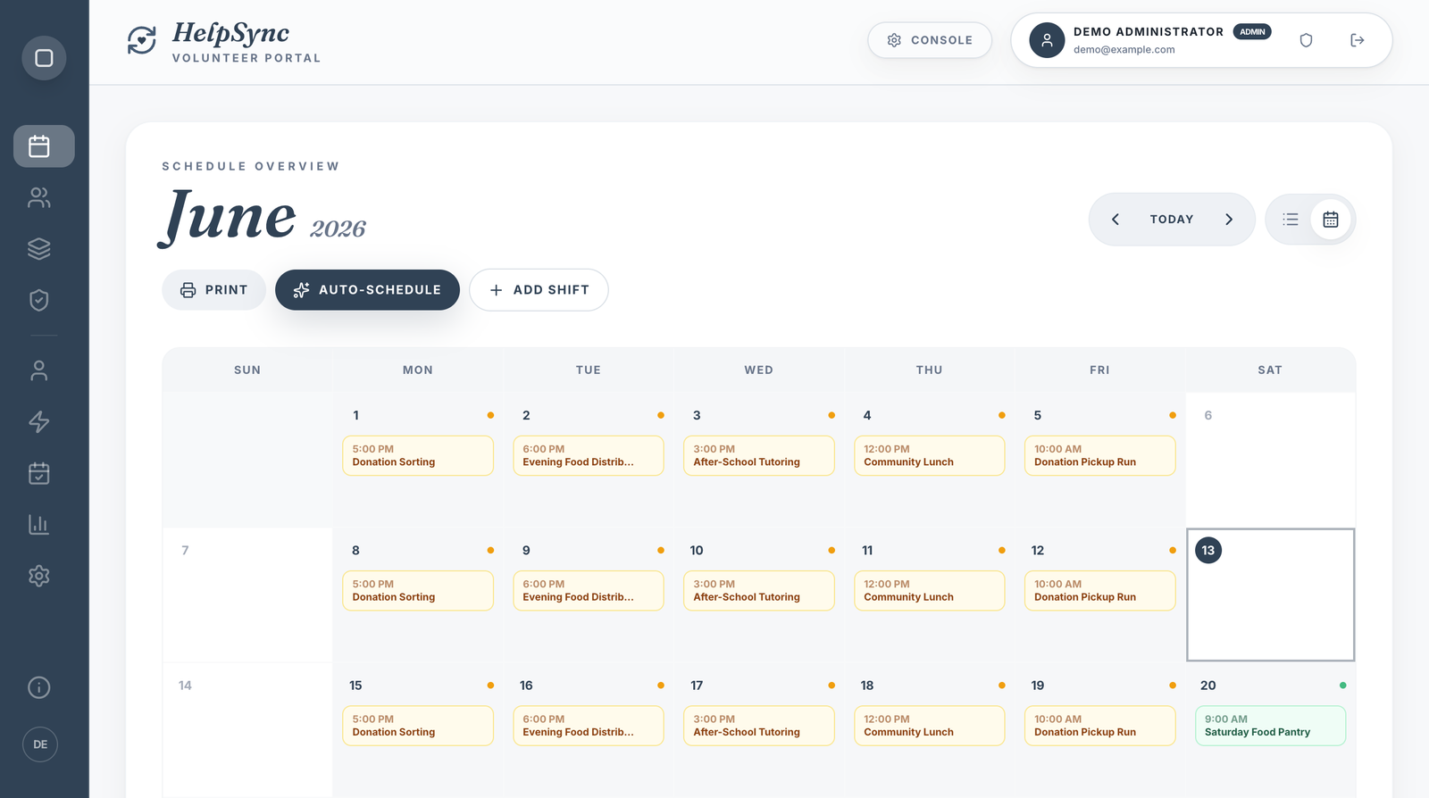 HelpSync schedule with one-click Auto-Schedule filling a month of volunteer shifts