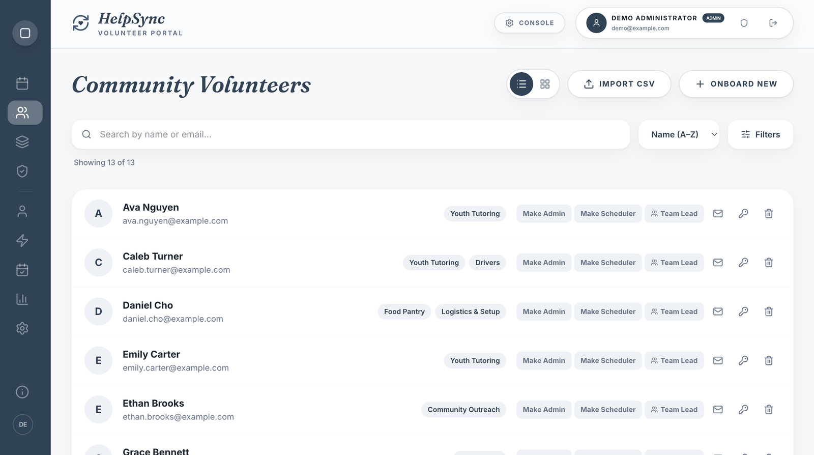The Community Volunteers roster with teams, roles, and self-service options